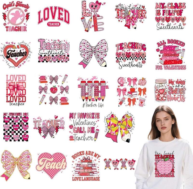 Shejdgart Dtf Transfers Ready to Press - 24 Pcs Valentines Day Teacher Iron on Patches for T-Shirts, Bow Pen Heart Iron on Stickers Heart Hear Heat Transfer Vinyl Decals for DIY Fabric Clothes Decor - Image 1